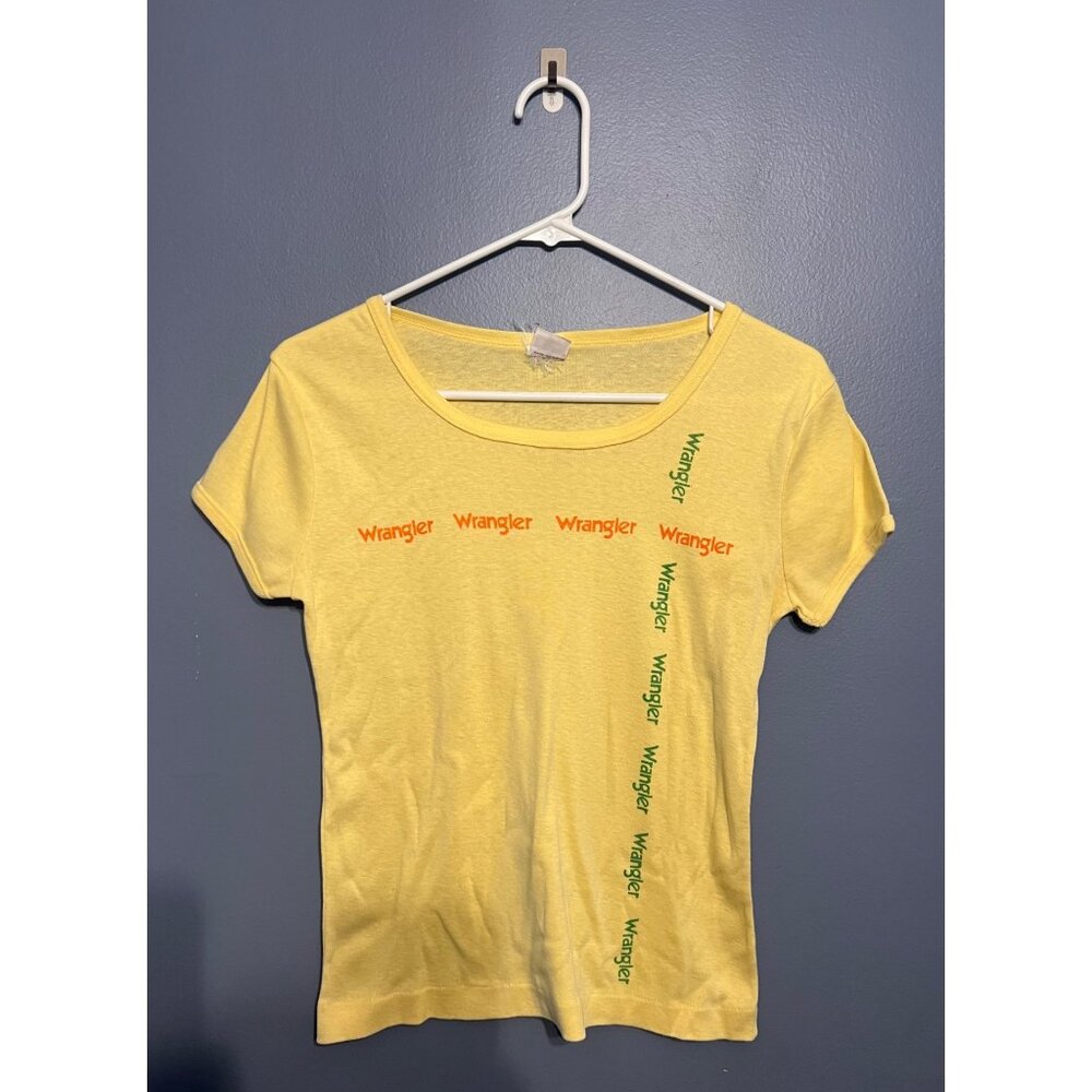 Vintage 1970s Wrangler Women's‎ Baby Mini Tee Size Large, Colorful Logo